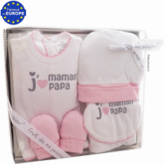 Coffret naissance fille 5 pièces 100% coton j'aime Maman Papa