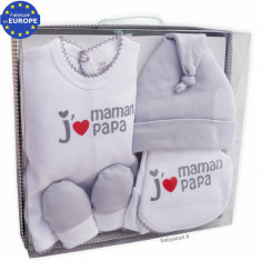 Coffret naissance mixte 5 pièces 100% coton j'aime Maman Papa