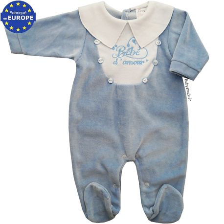 Pyjama garçon en velours bleu ciel brodé Bébé d'amour