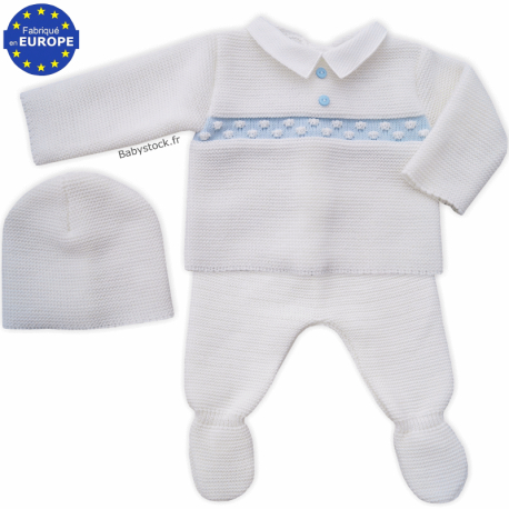 Ensemble bébé en maille blanc / bleu, col piqué blanc 3 pièces