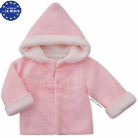 Gilet manteau bébé fille en tricot maille mousse rose doublé blanc