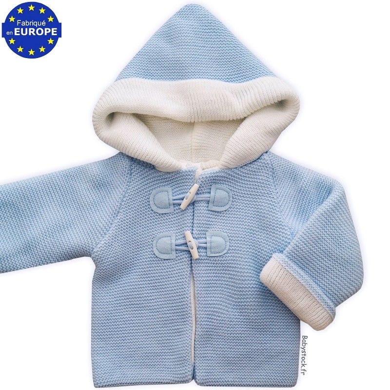 Gilet manteau bébé garçon tricot maille mousse bleu doublé blanc > Babystock