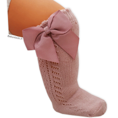 Chaussettes bébé montantes coton vieux rose avec nœud ottoman