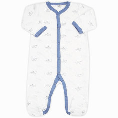 Pyjama bébé garçon en velours blanc brodé Bateau bleu