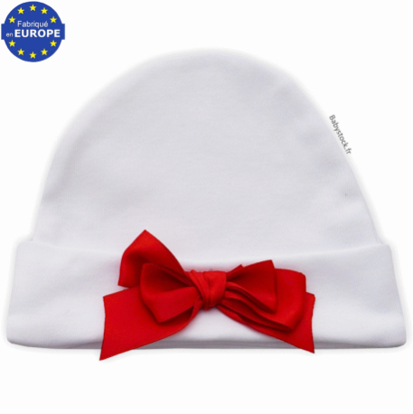 Bonnet bébé fille en jersey 100% coton et noeud en satin rouge