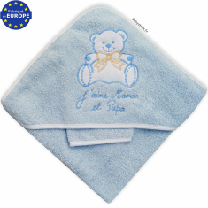 Sortie de bain bébé éponge bleu layette J'aime Maman et Papa