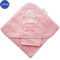 Sortie de bain bébé éponge rose brodée J'aime Maman et Papa