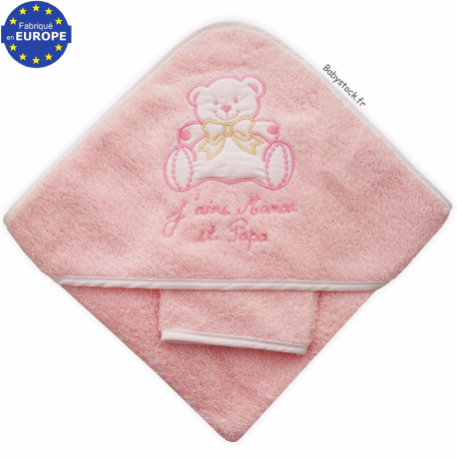 Sortie de bain bébé éponge rose brodée J'aime Maman et Papa