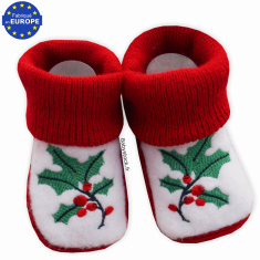 Chaussons bébé Noël en maille rouge brodé Houx