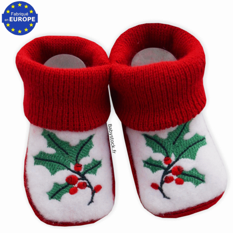 Chaussons bébé Noël en maille rouge brodé Houx