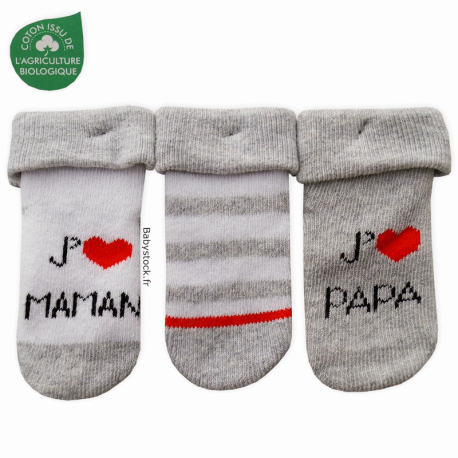 Lot 3 paires de chaussettes bébé J'aime Maman J'aime Papa