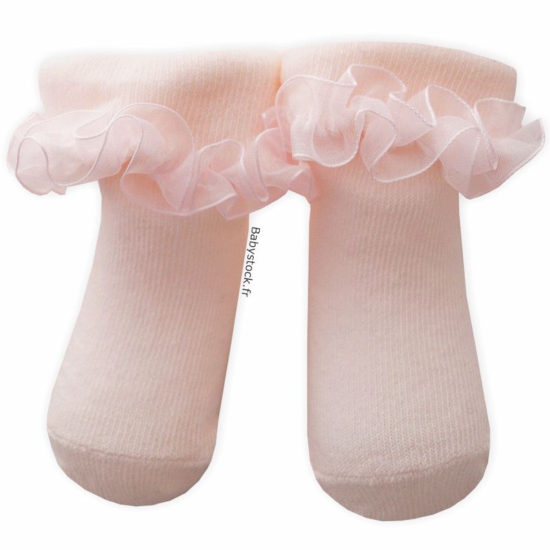 Chaussettes bébé fille en coton rose poudre avec volant en voile > Babystock