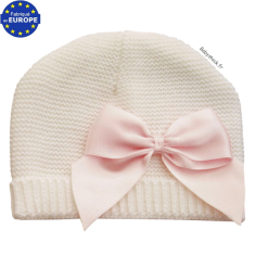 Bonnet naissance bébé fille en maille blanche et noeud satin rose