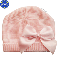 Bonnet naissance bébé fille en maille et noeud satin rose