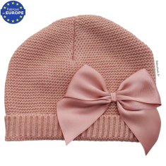 Bonnet naissance bébé fille en maille et noeud satin rose thé