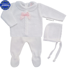 Ensemble bébé fille en maille fantaisie blanc et noeud satin rose