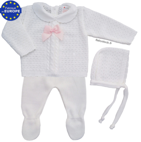 Ensemble bébé fille en maille fantaisie blanc et noeud satin rose