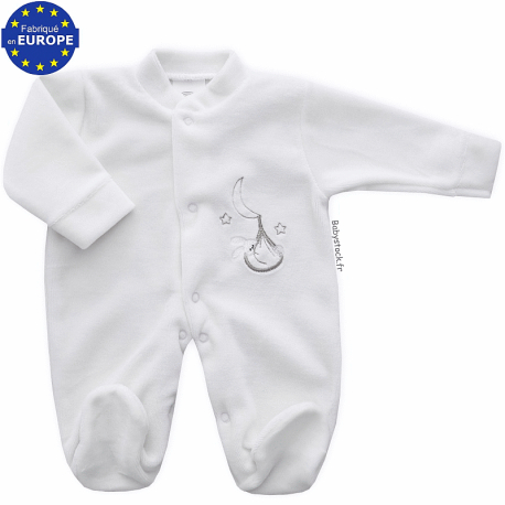 Pyjama bébé préma mixte 43cm en velours écru brodé Cigogne