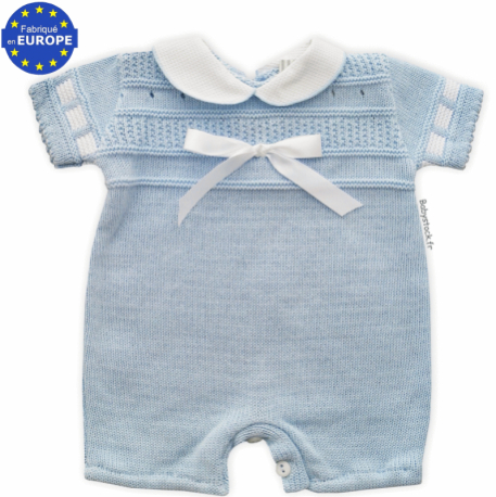 Barboteuse préma à col claudine en maille 100% coton bleu layette