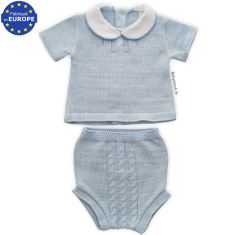 Ensemble bébé naissance en maille 100% coton bleu layette