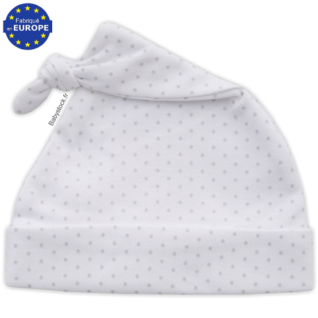 Bonnet bébé avec noeud mixte en coton blanc à pois gris perle