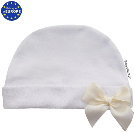 Bonnet naissance mixte bébé velours blanc noeud satin crème