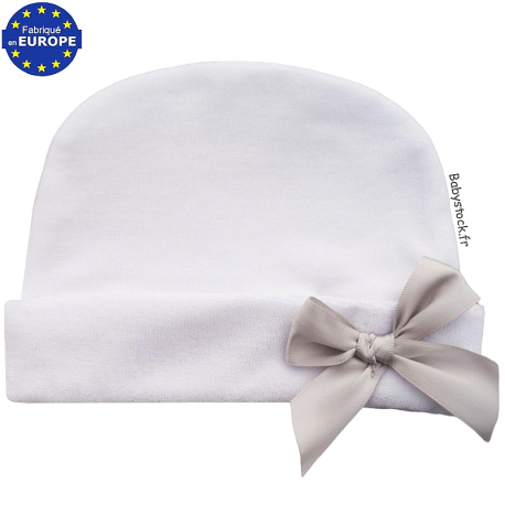 Bonnet naissance mixte bébé en velours blanc noeud satin gris