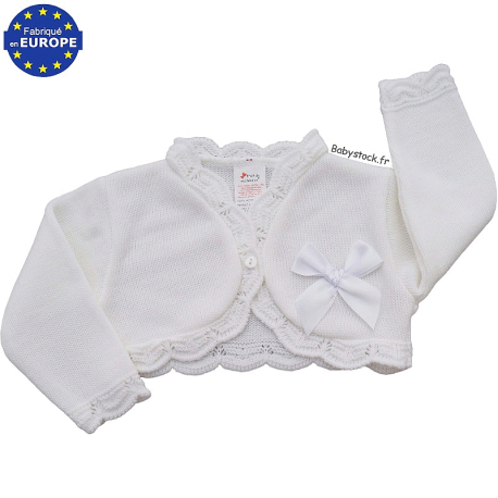 Boléro bébé fille en tricot maille jersey et noeud satin blanc