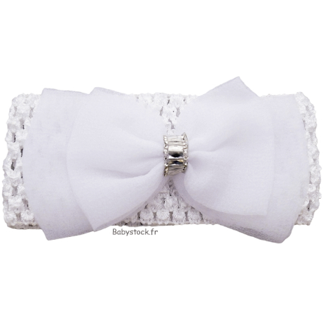 Bandeau bébé en maille filet blanc, noeud en voile et strass