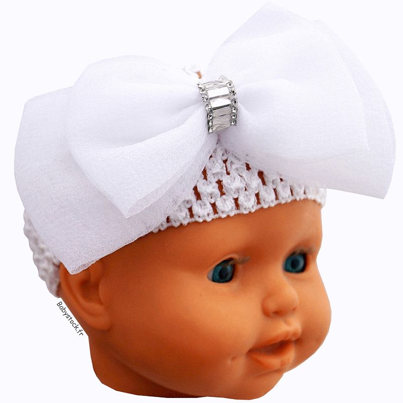 Bandeau bébé de baptême en maille filet blanc, noeud en voile et strass