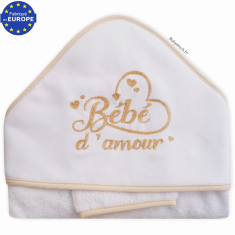 Grande cape de bain en éponge brodée Bébé d'amour gris