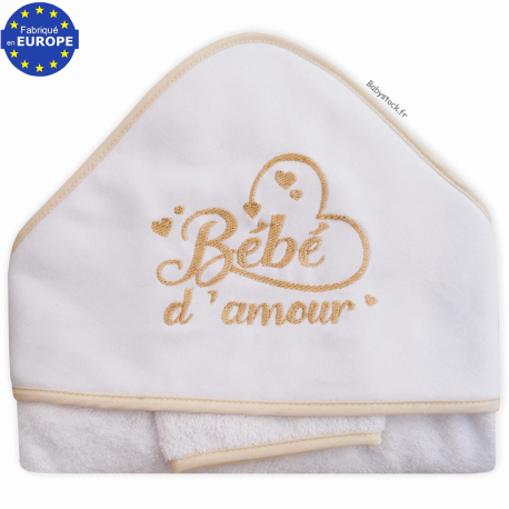 Grande cape de bain en éponge brodée Bébé d'amour crème