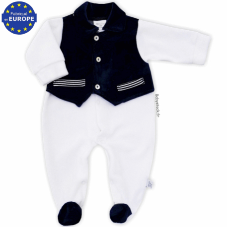 Pyjama bébé garçon en velours blanc avec gilet marine