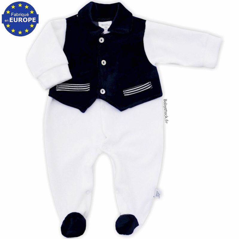 Pyjama bébé garçon en velours blanc effet costume avec gilet en velours  marine