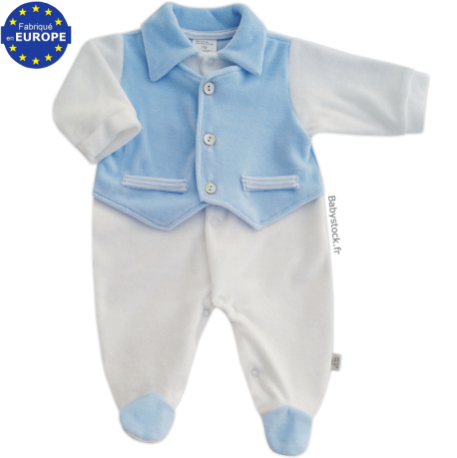 Pyjama bébé garçon en velours blanc avec gilet en bleu ciel