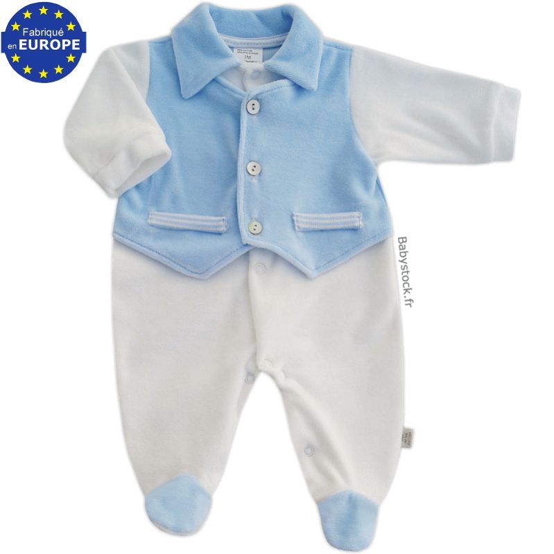 Pyjama bébé garçon en velours blanc effet costume avec gilet en velours  bleu ciel