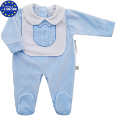 Pyjama bébé garçon en velours bleu, plastron et noeud papillon