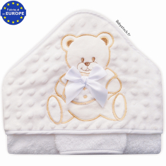 Cape de bain bébé en éponge et minky blanc brodé Ourson