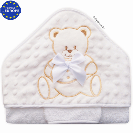 Cape de bain bébé en éponge et minky blanc brodé Ourson