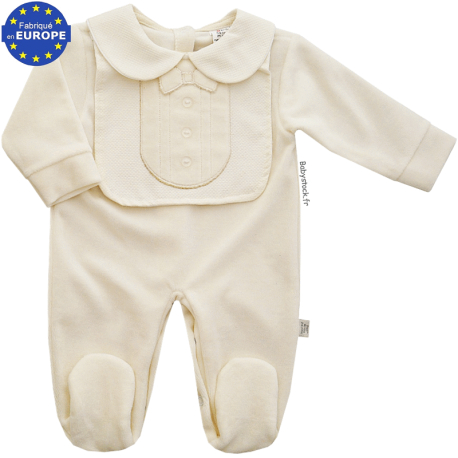 Pyjama bébé garçon velours crème, plastron et noeud papillon