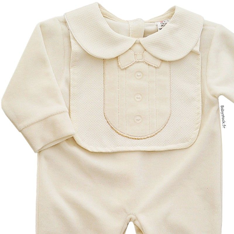 Pyjama bebe garcon velours creme plastron et noeud papillon