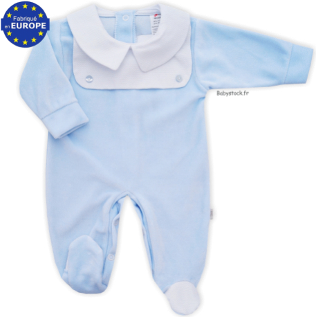 Pyjama dors bien garçon en velours bleu ciel plastron blanc