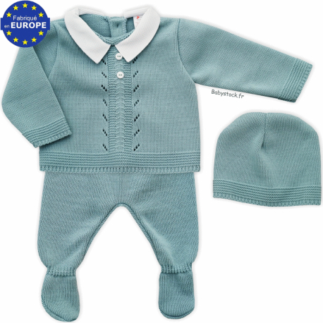 Ensemble bébé maille vert céladon et col piqué blanc 3 pièces