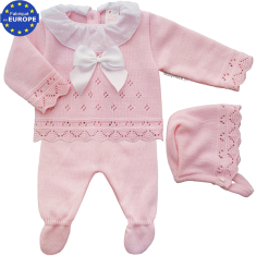 Ensemble bébé fille 3 pièces en maille fantaisie rose et dentelle