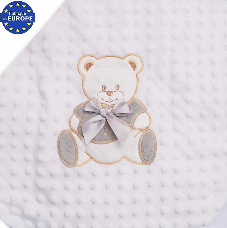 Couverture bébé en fourrure minky blanche brodé Ourson > Babystock