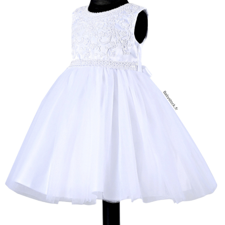 Robe de baptême en satin blanc, voile et broderies Charlie