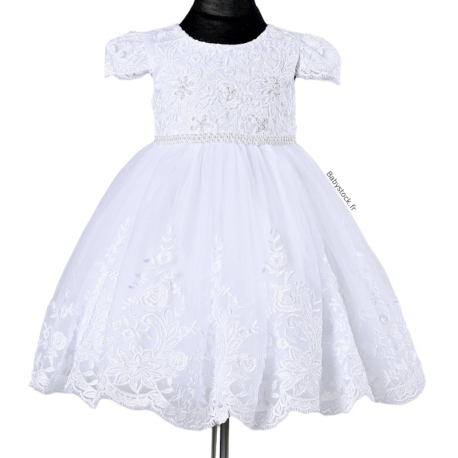 Robe de baptême en satin blanc, broderies et perles Lina