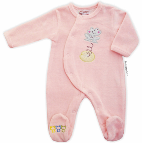 Pyjama dors bien bébé fille en velours rose brodé Grenouille
