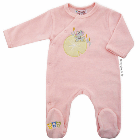 Pyjama dors bien bébé fille en velours rose brodé Grenouille