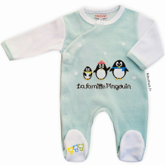 Pyjama bébé unisexe velours vert d'eau et blanc brodé Pingouin